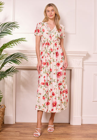 White Midi Summer Dress with Red Florals