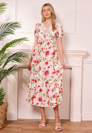 White Midi Summer Dress with Red Florals