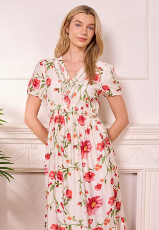 White Midi Summer Dress with Red Florals