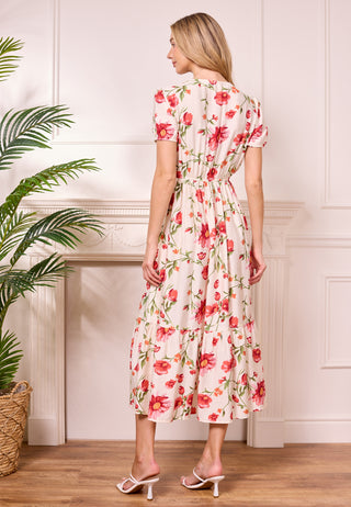 White Midi Summer Dress with Red Florals