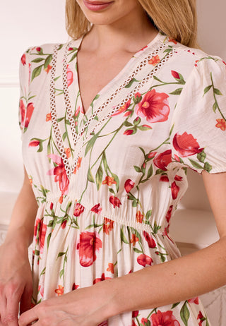 White Midi Summer Dress with Red Florals