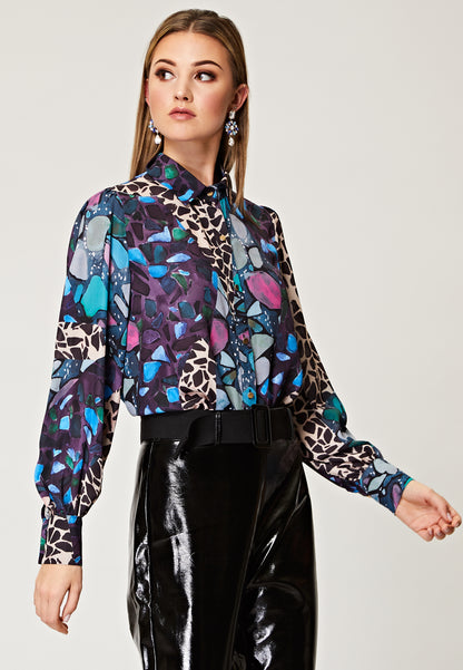 Printed Sleeve Blouse with Wide Cuffs and Gold Buttons - ANGELEYE