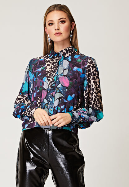 Printed Sleeve Blouse with Wide Cuffs and Gold Buttons - ANGELEYE