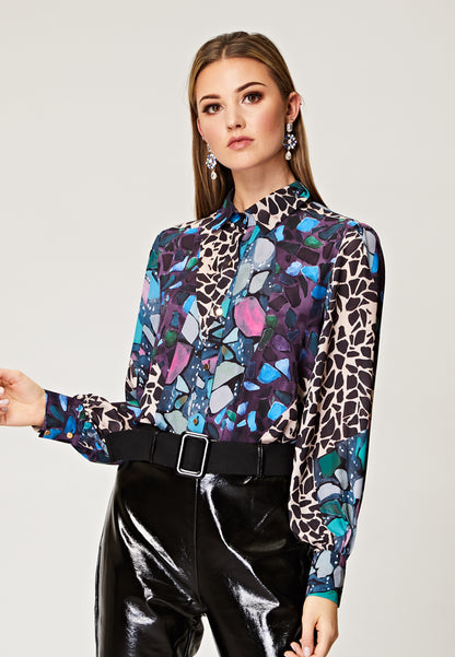 Printed Sleeve Blouse with Wide Cuffs and Gold Buttons - ANGELEYE