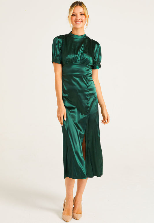 Puff Sleeve Midi Dress With Leg Slit In Dark Green