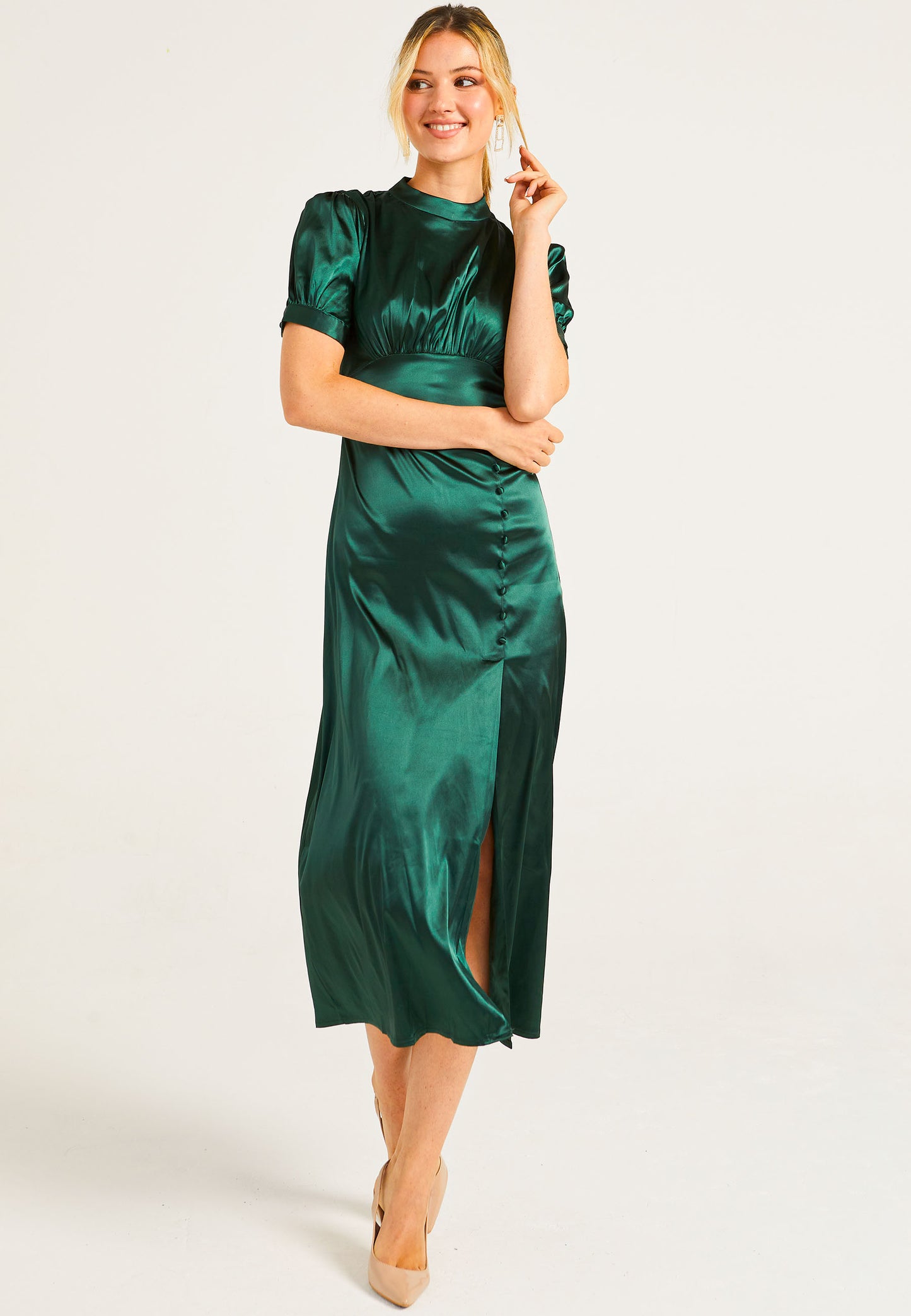 Puff Sleeve Midi Dress With Leg Slit In Dark Green