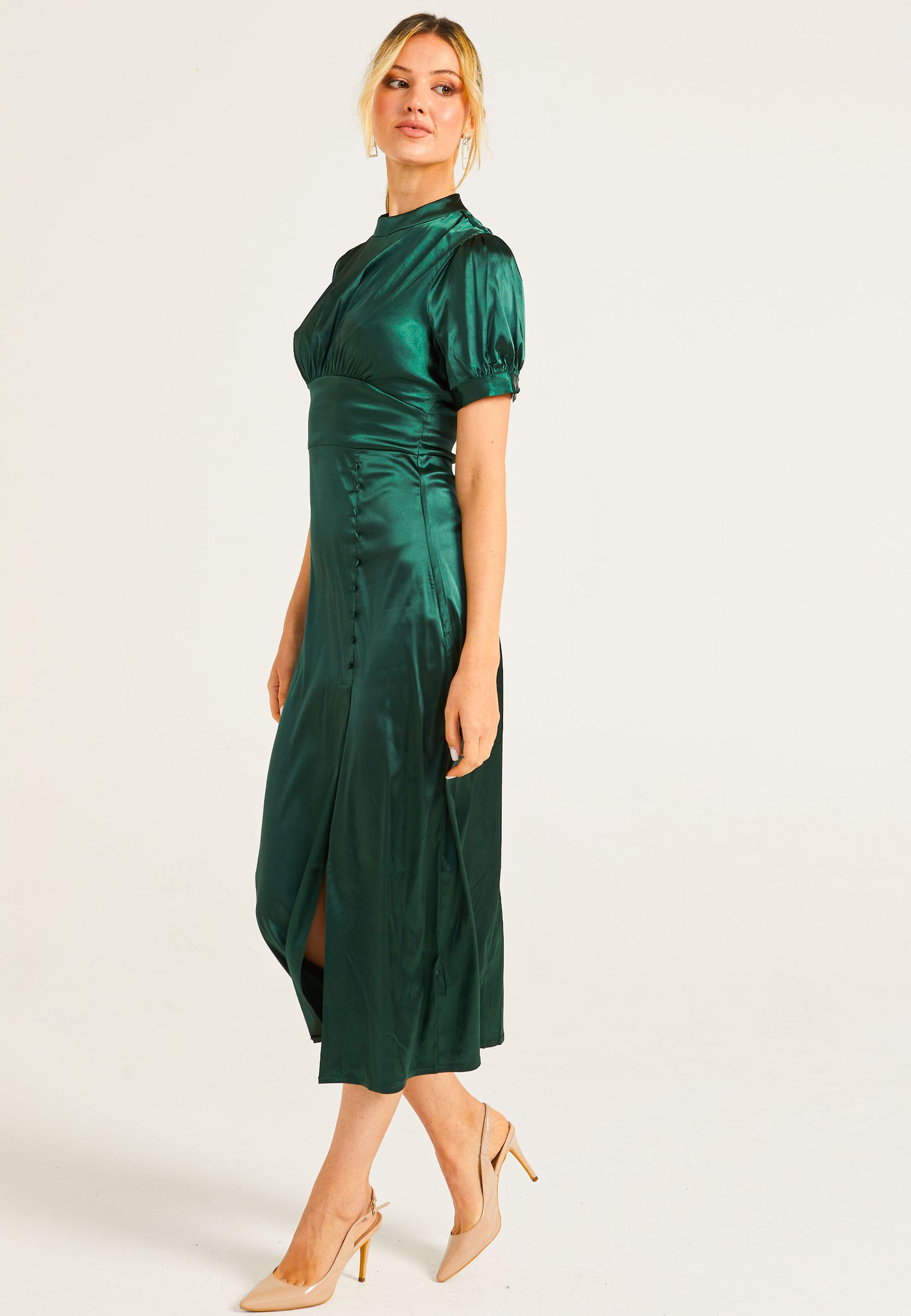 Puff Sleeve Midi Dress With Leg Slit In Dark Green