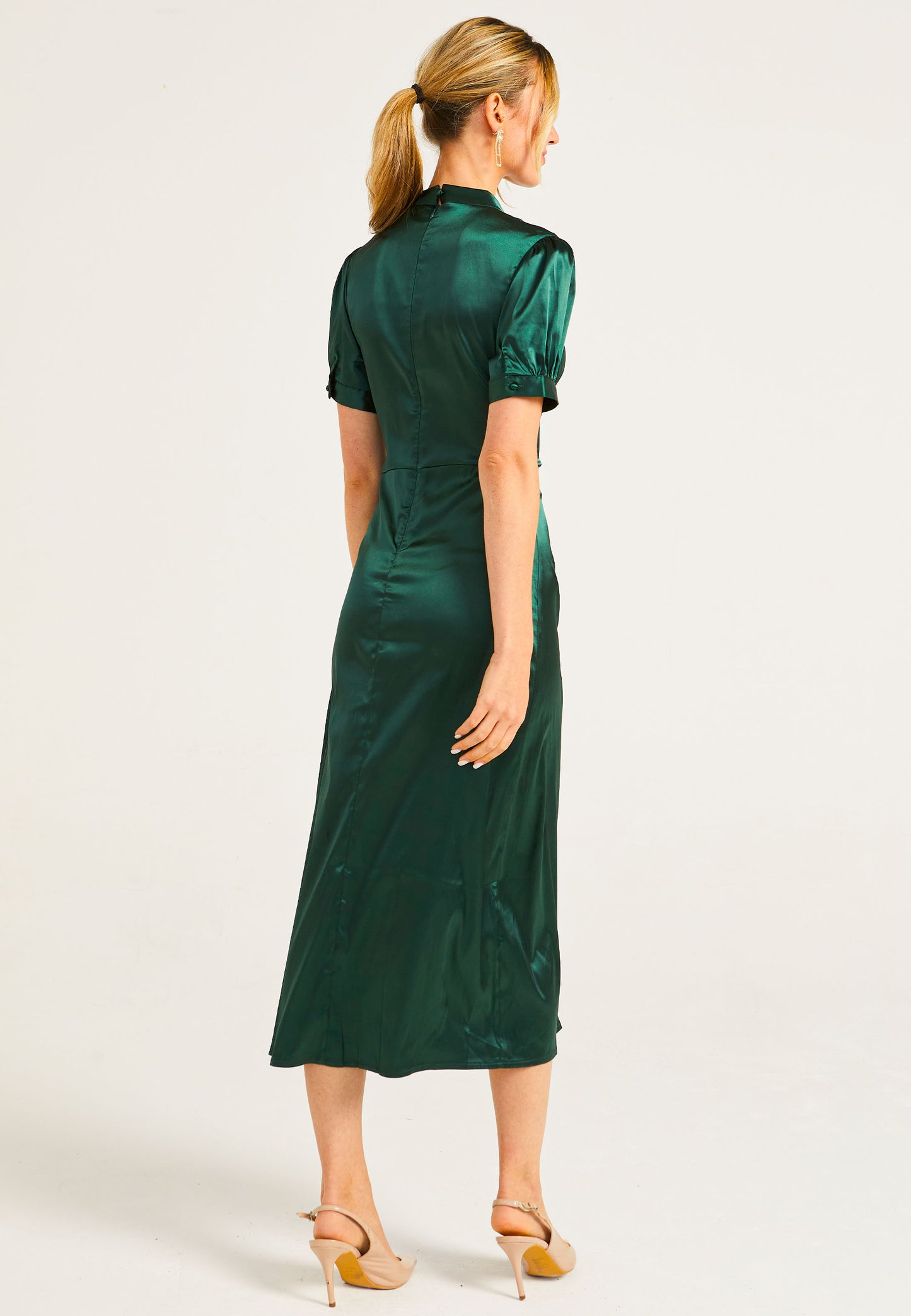 Puff Sleeve Midi Dress With Leg Slit In Dark Green