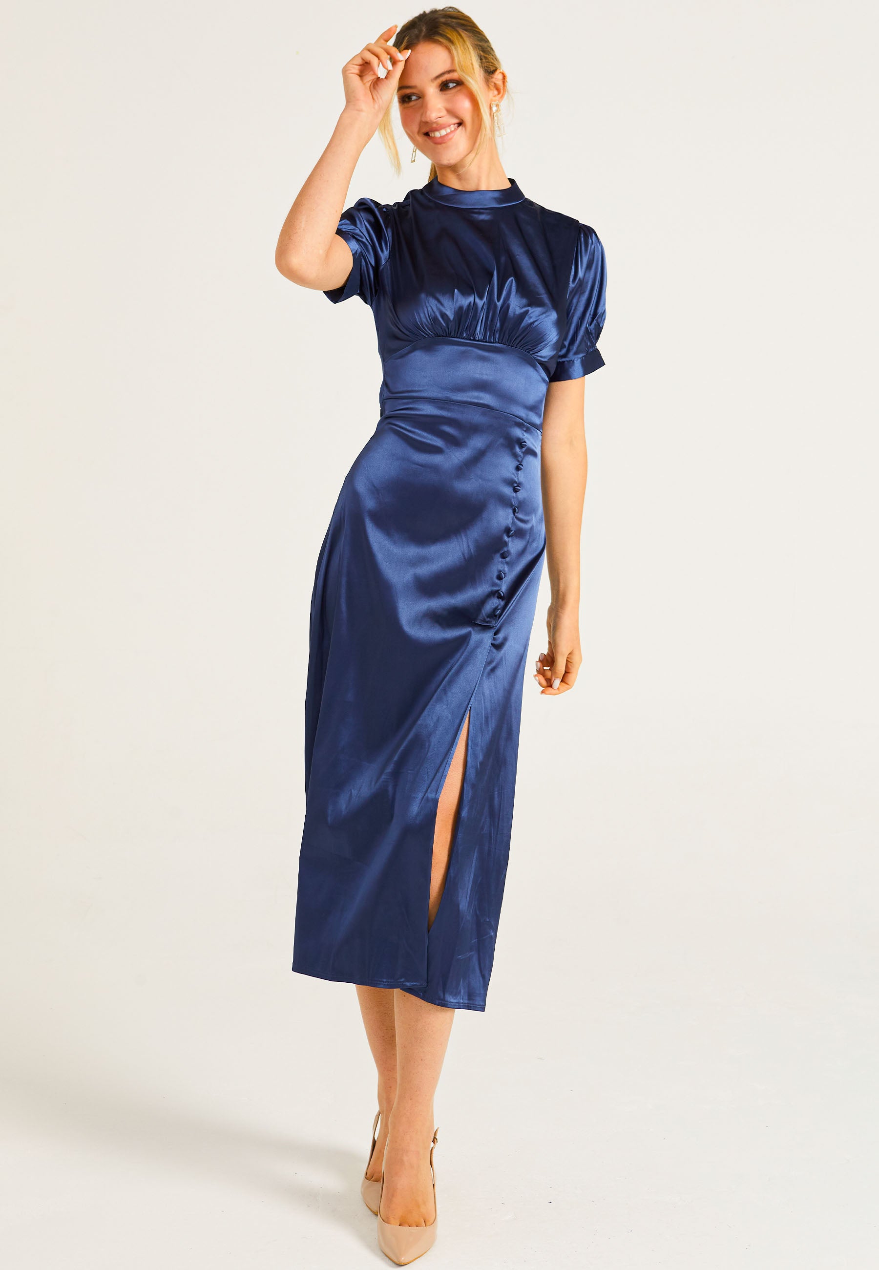 Satin Puff Sleeve Midi Dress in Navy ANGELEYE