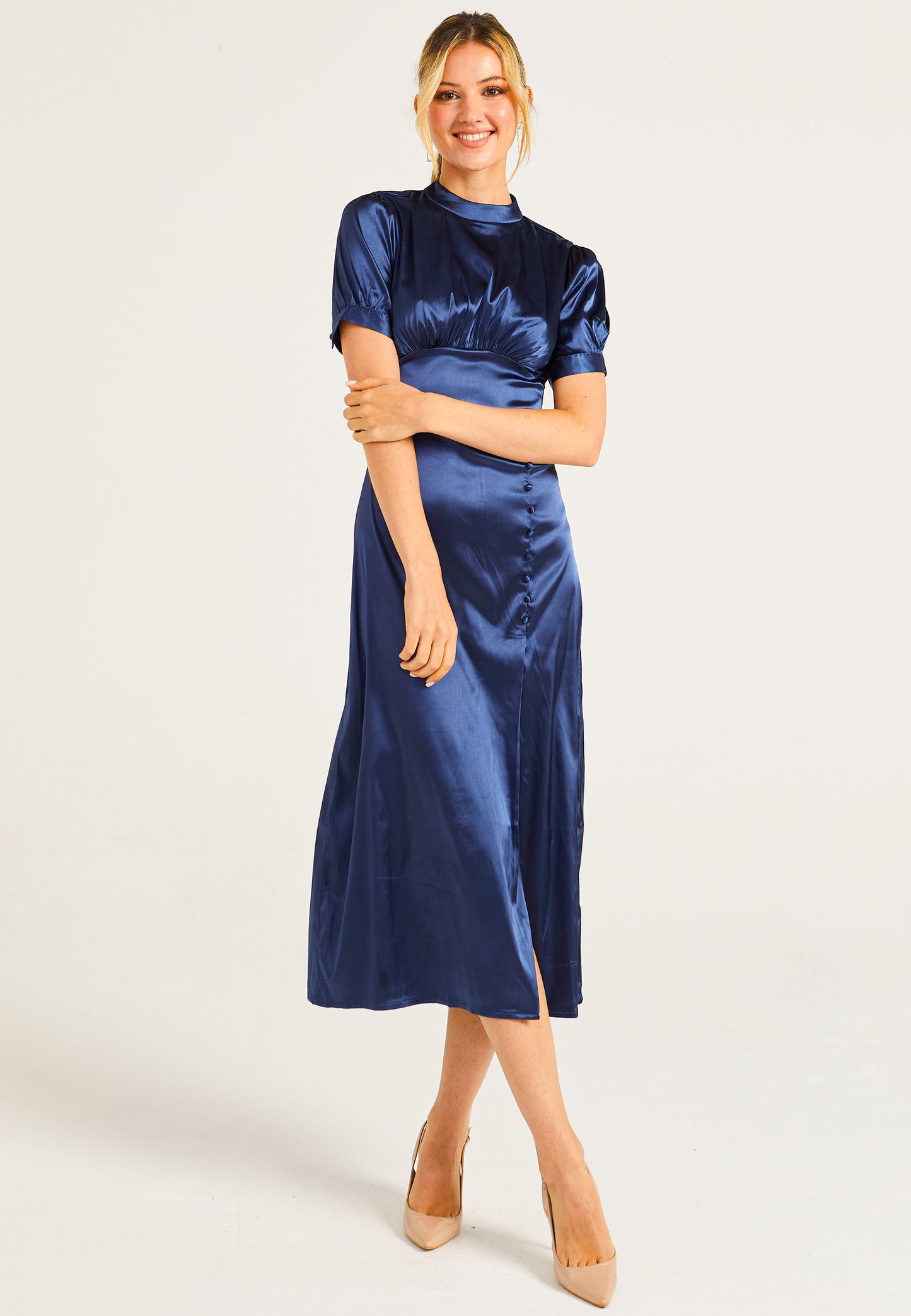 Puff Sleeve Midi Dress With Leg Slit In Navy