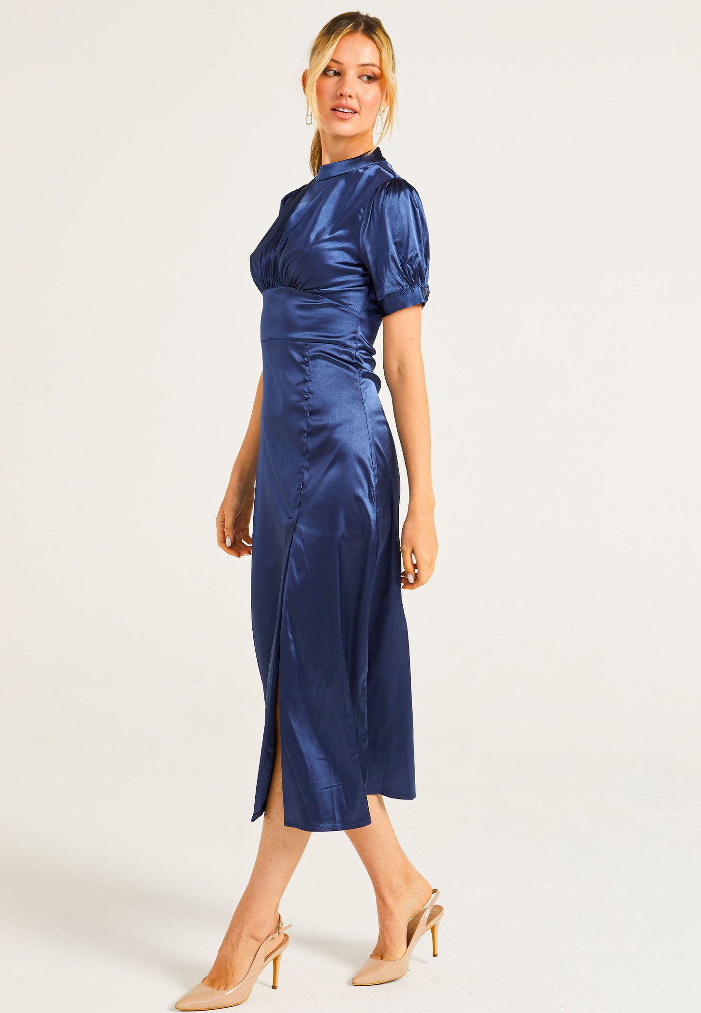 Puff Sleeve Midi Dress With Leg Slit In Navy