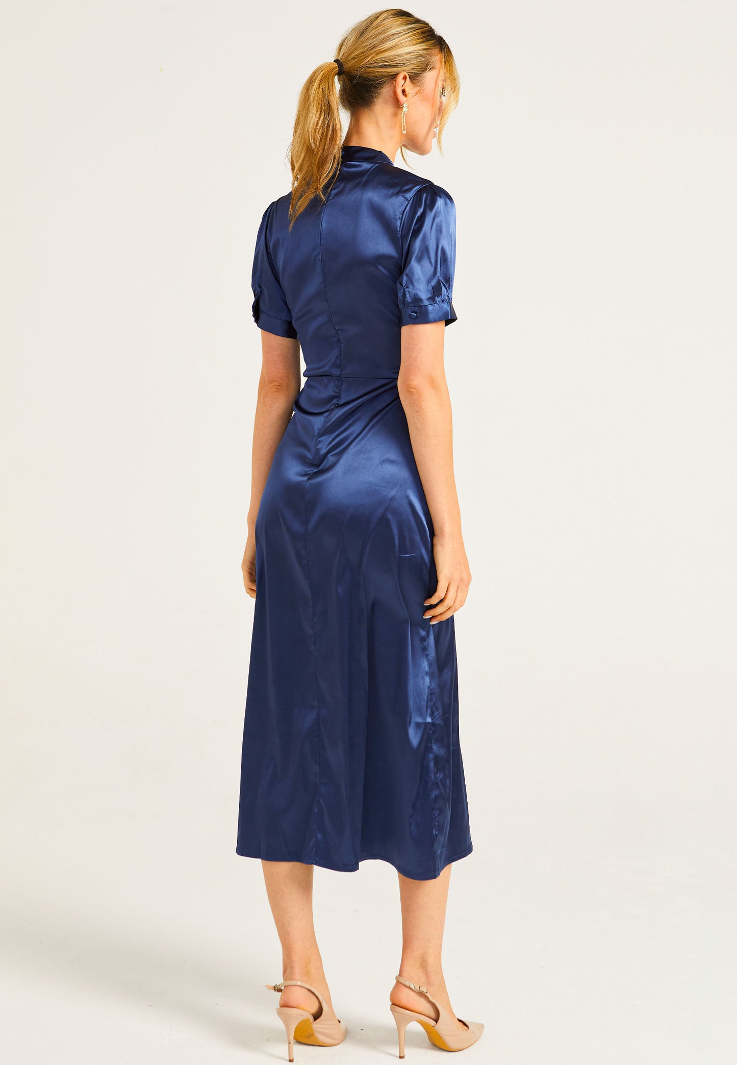 Puff Sleeve Midi Dress With Leg Slit In Navy