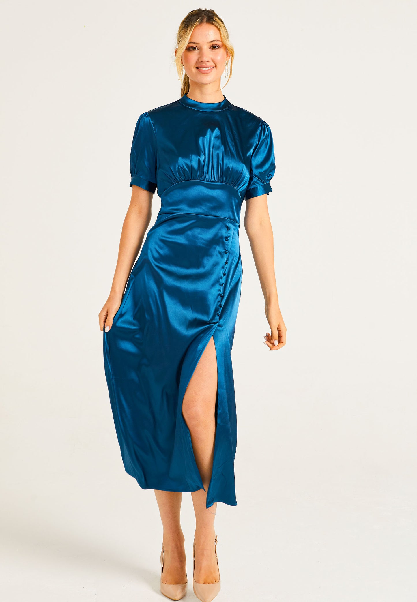 Puff Sleeve Midi Dress With Leg Slit In Teal