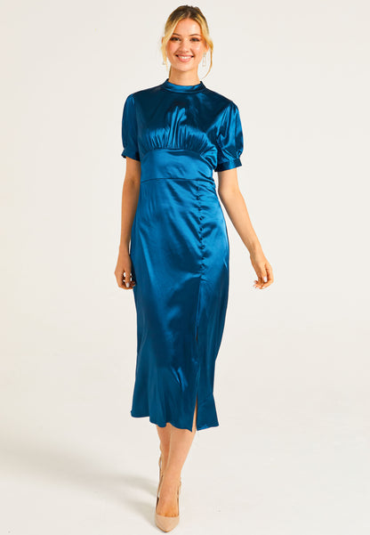 Puff Sleeve Midi Dress With Leg Slit In Teal