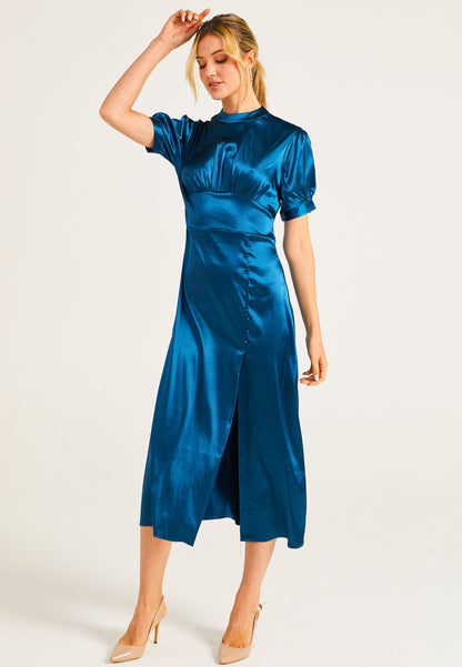 Puff Sleeve Midi Dress With Leg Slit In Teal