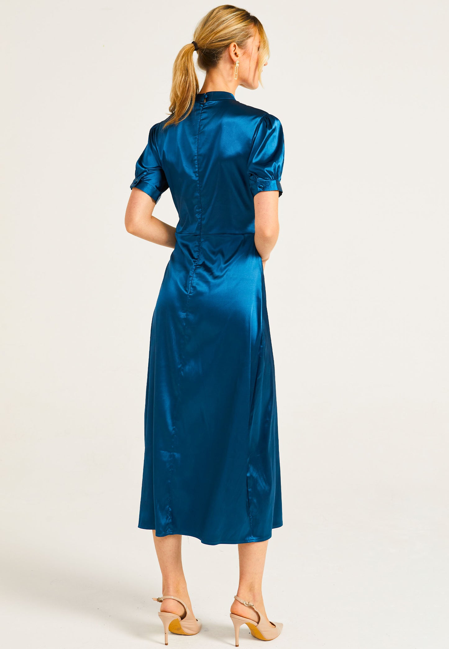 Puff Sleeve Midi Dress With Leg Slit In Teal