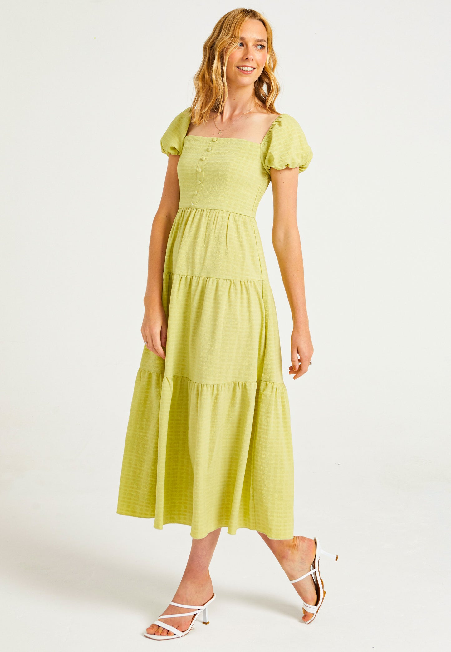 Shirred Maxi Dress in Green Textured Fabric - ANGELEYE