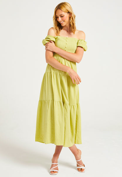 Shirred Maxi Dress in Green Textured Fabric - ANGELEYE