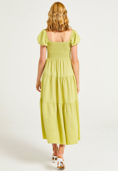 Shirred Maxi Dress in Green Textured Fabric - ANGELEYE