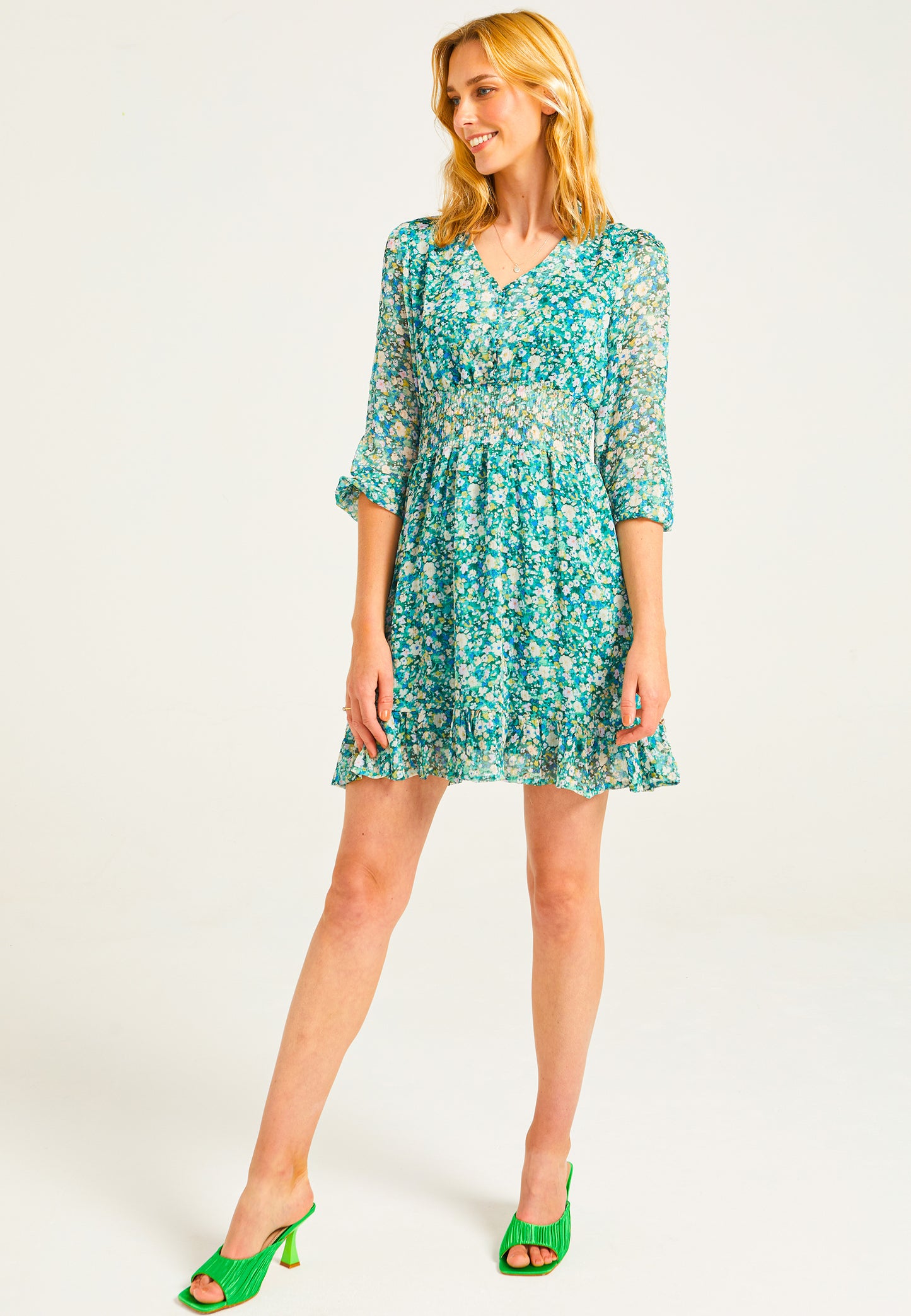 Floral Print Mini Chiffon Dress in Green