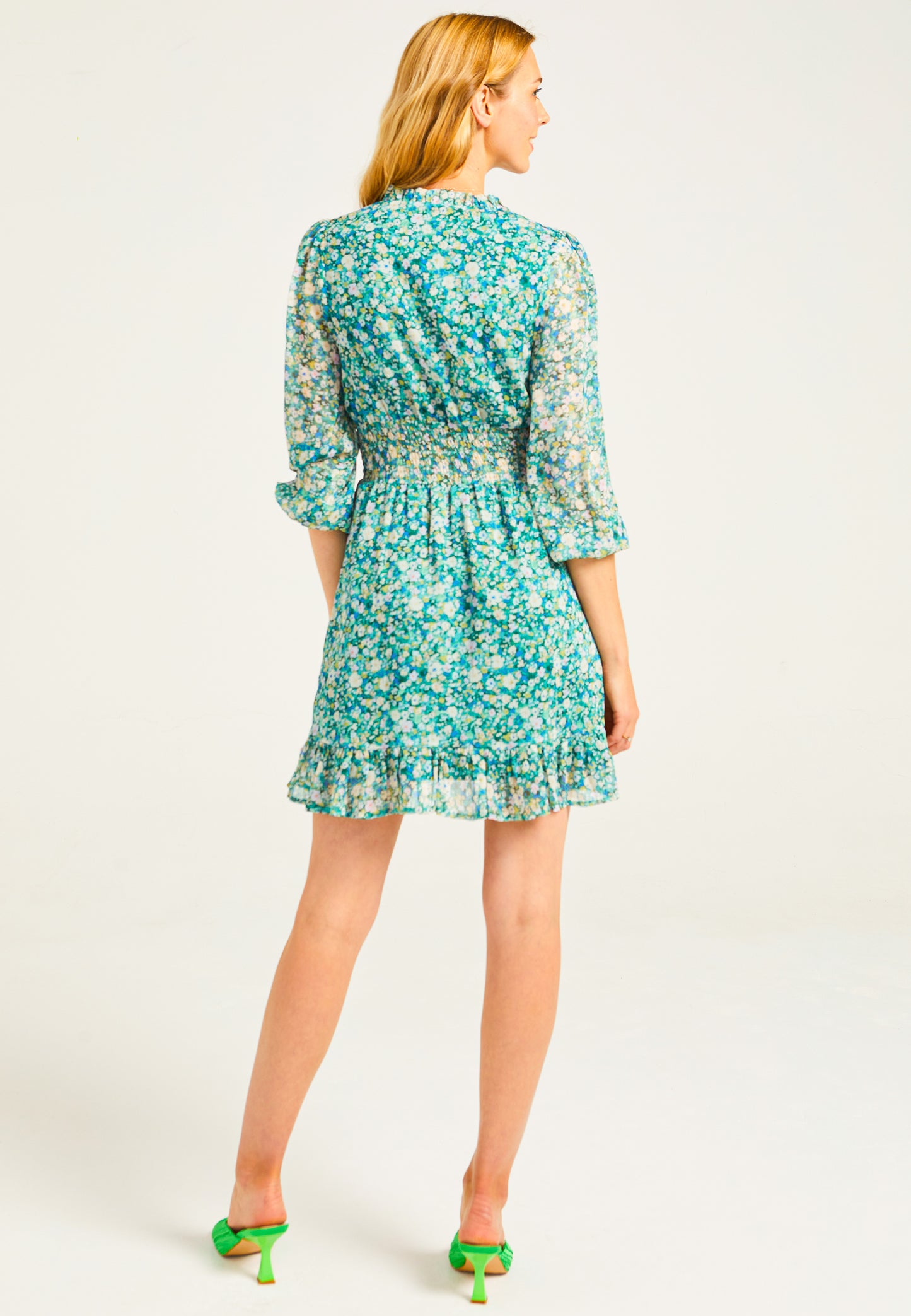 Floral Print Mini Chiffon Dress in Green