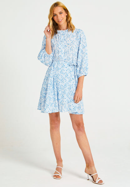 Buttoned Mini Summer Dress in Blue Ditsy Floral Print - ANGELEYE