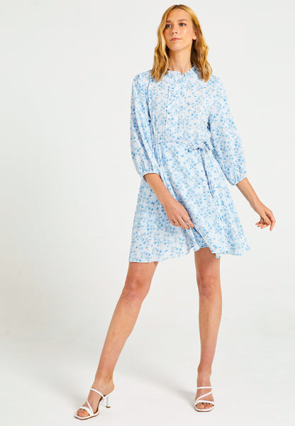 Buttoned Mini Summer Dress in Blue Ditsy Floral Print - ANGELEYE