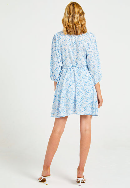 Buttoned Mini Summer Dress in Blue Ditsy Floral Print - ANGELEYE