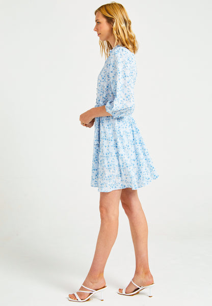 Buttoned Mini Summer Dress in Blue Ditsy Floral Print - ANGELEYE