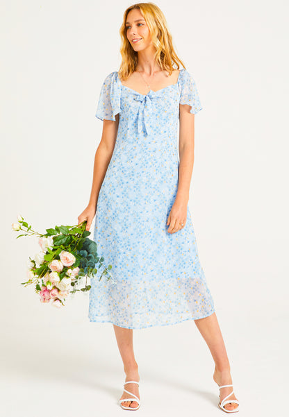 Front Tie Detail Midi Dress in Blue Ditsy Floral - ANGELEYE