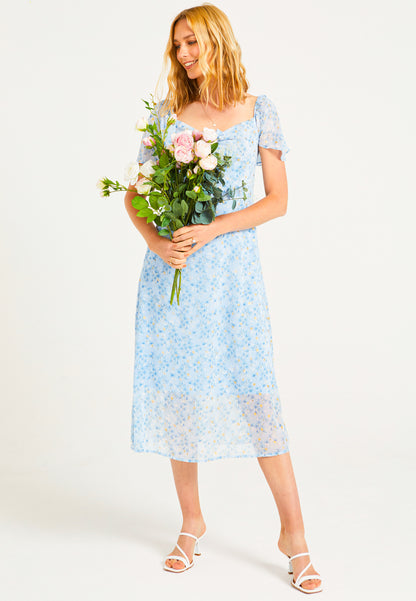 Front Tie Detail Midi Dress in Blue Ditsy Floral - ANGELEYE