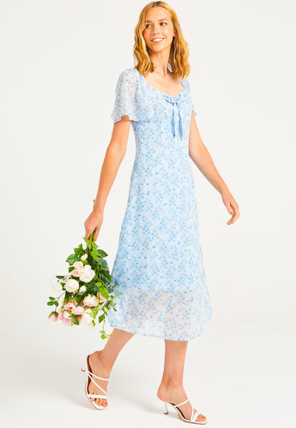 Front Tie Detail Midi Dress in Blue Ditsy Floral - ANGELEYE