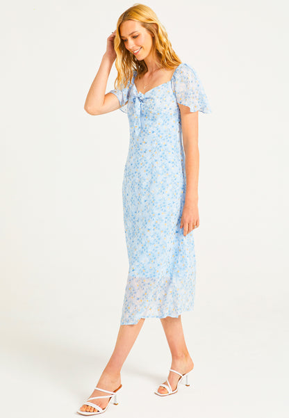 Front Tie Detail Midi Dress in Blue Ditsy Floral - ANGELEYE