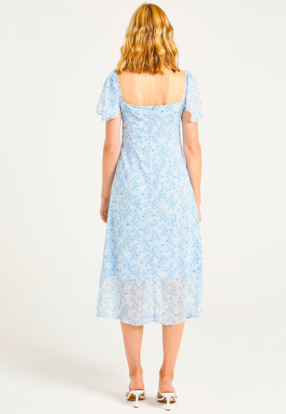 Front Tie Detail Midi Dress in Blue Ditsy Floral - ANGELEYE