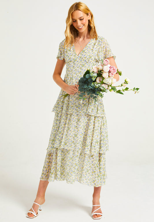 Flutter Sleeves Tiered Midaxi Dress in Ditsy Floral Print - ANGELEYE