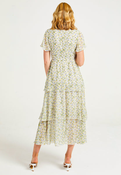 Flutter Sleeves Tiered Midaxi Dress in Ditsy Floral Print - ANGELEYE