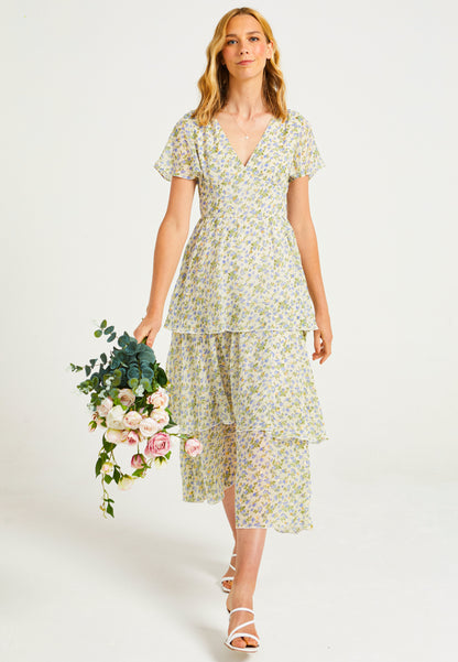 Flutter Sleeves Tiered Midaxi Dress in Ditsy Floral Print - ANGELEYE