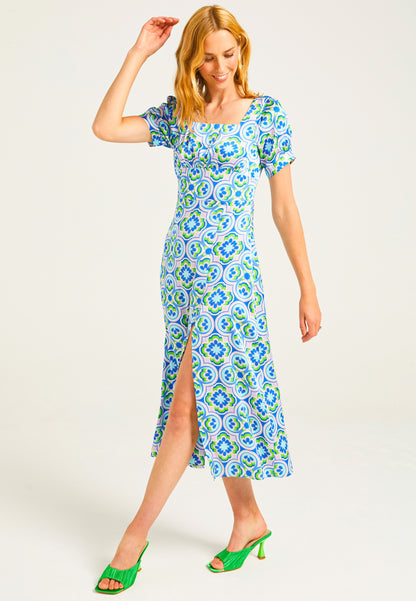 Short Sleeve Midi Tea Dress in Geometic Print - ANGELEYE