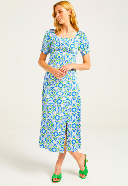 Short Sleeve Midi Tea Dress in Geometic Print - ANGELEYE