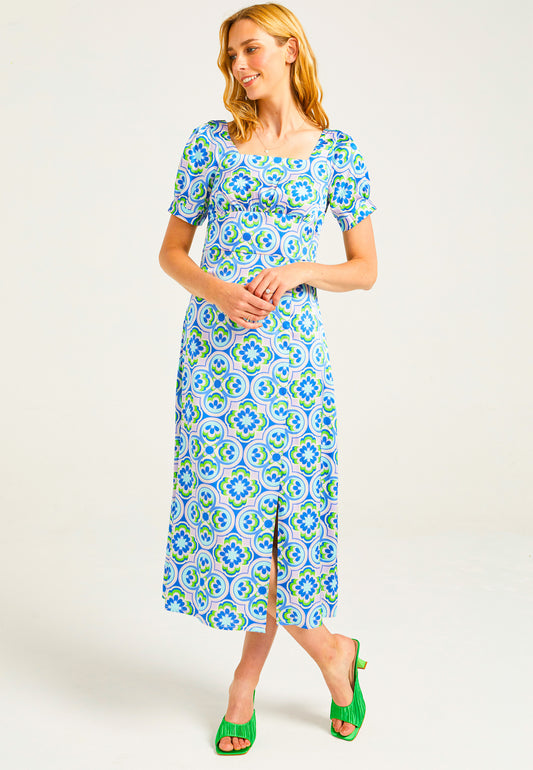 Short Sleeve Midi Tea Dress in Geometic Print - ANGELEYE