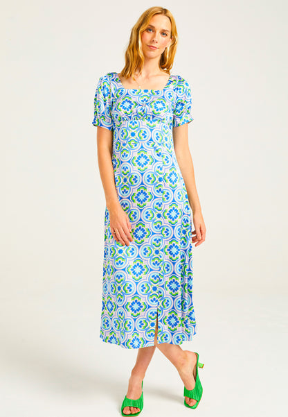 Short Sleeve Midi Tea Dress in Geometic Print - ANGELEYE