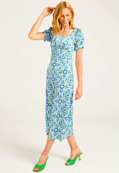 Short Sleeve Midi Tea Dress in Geometic Print - ANGELEYE