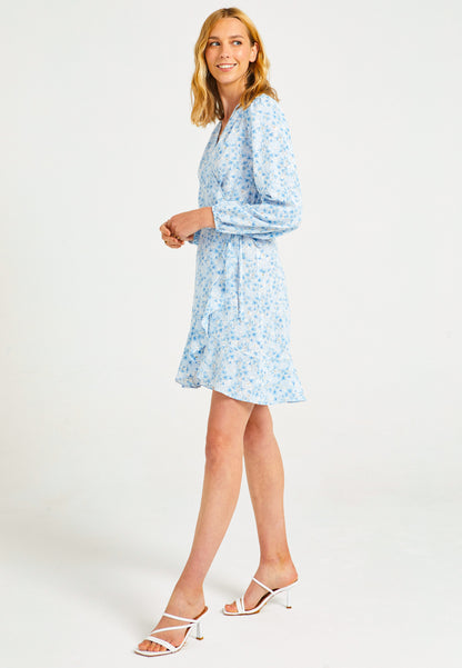 Mini Wrap Summer Dress in Blue Ditsy Floral Print - ANGELEYE