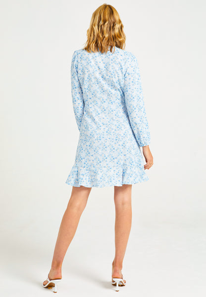 Mini Wrap Summer Dress in Blue Ditsy Floral Print - ANGELEYE