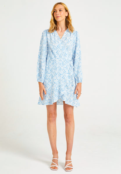 Mini Wrap Summer Dress in Blue Ditsy Floral Print - ANGELEYE