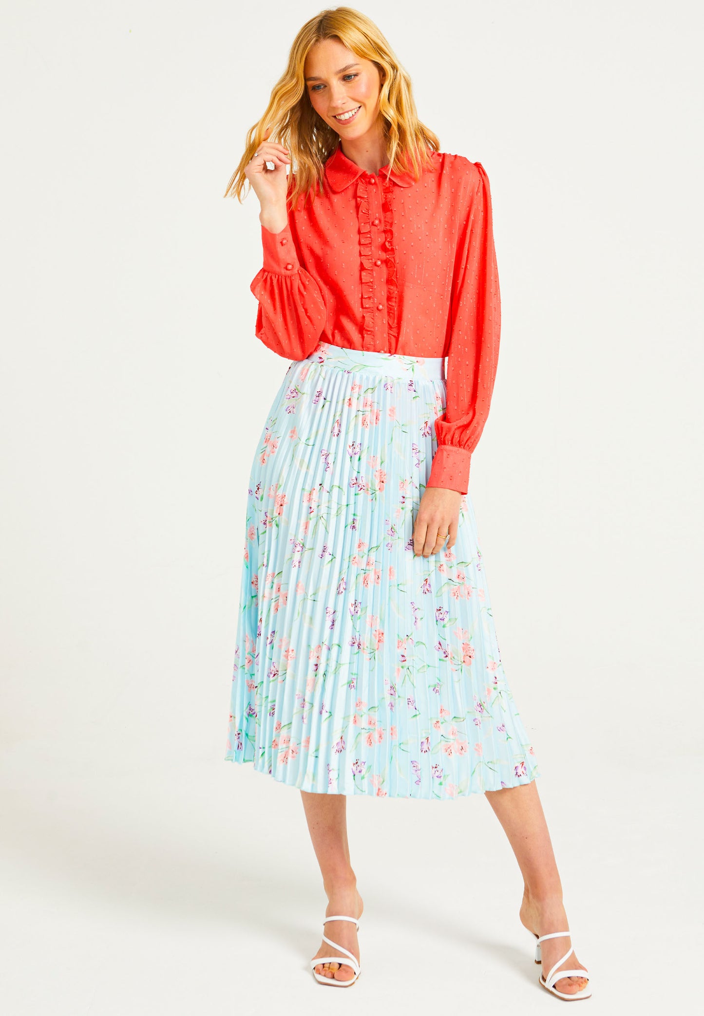 Coral Chiffon Blouse With Frill Details - ANGELEYE