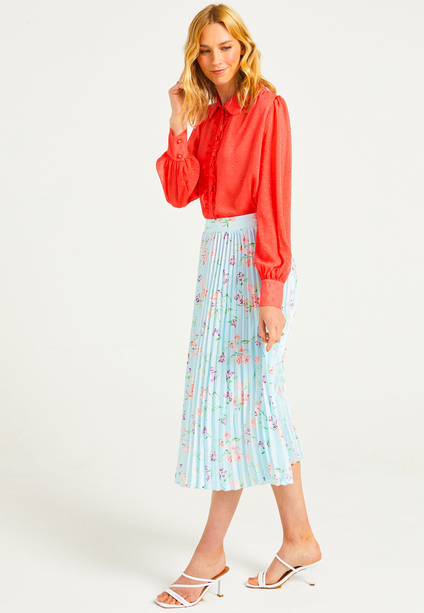 Coral Chiffon Blouse With Frill Details - ANGELEYE