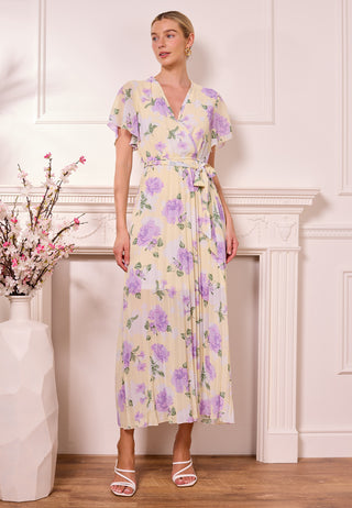 Butter Yellow Pleated Dress with Purple Florals