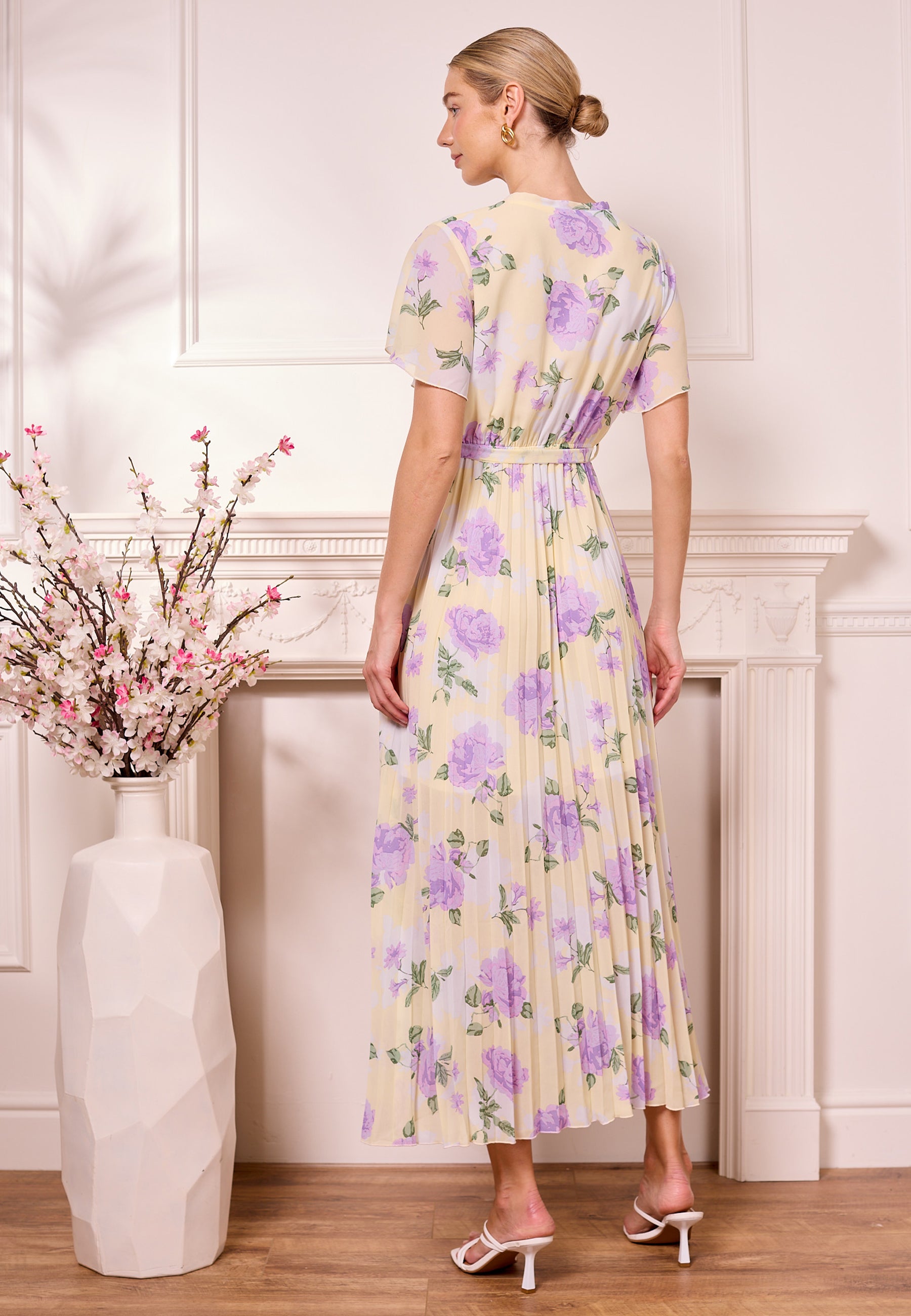Butter Yellow Pleated Dress with Purple Florals | ANGELEYE Butter Yellow Pleated Dress with Purple Florals | ANGELEYE