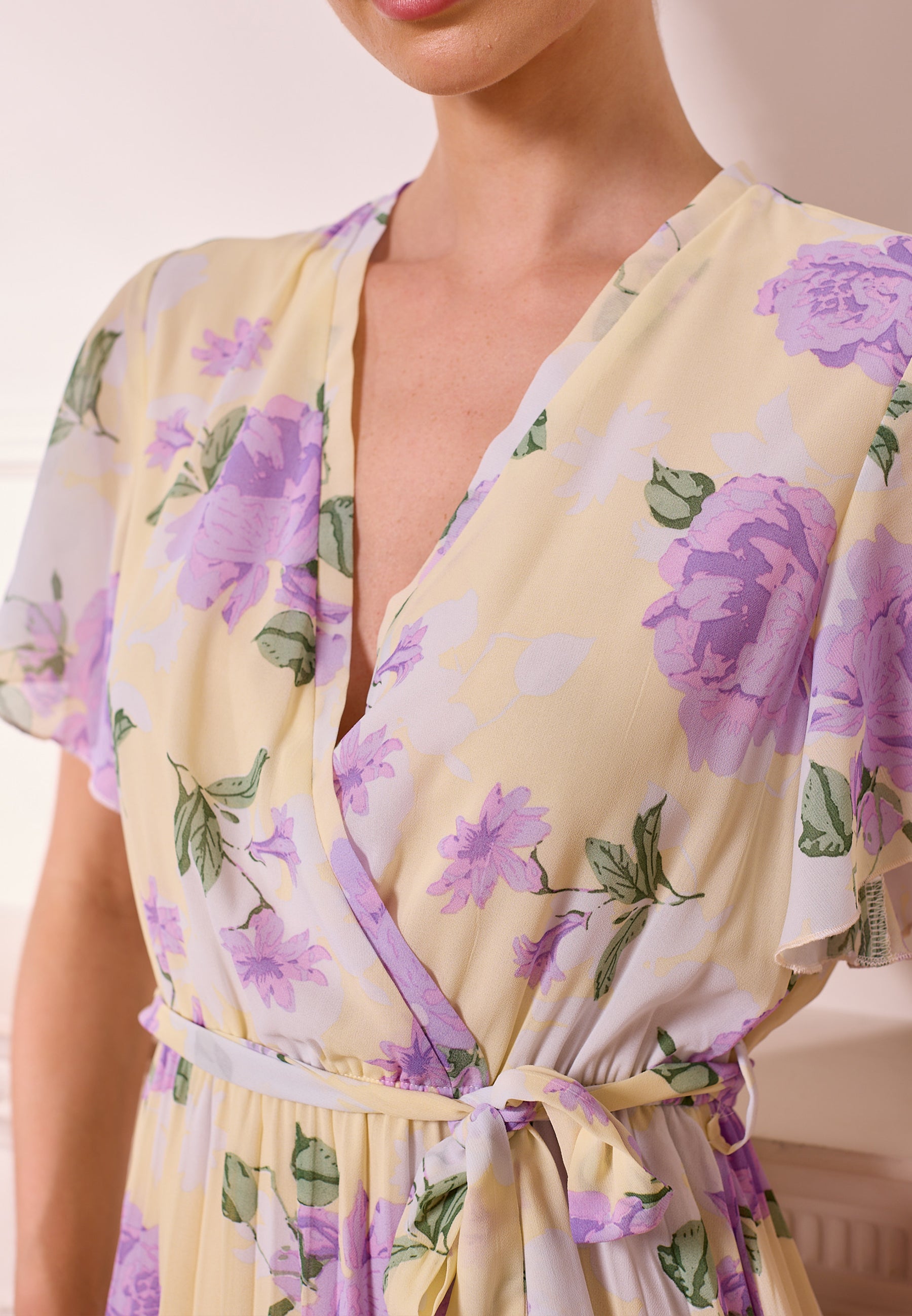 yellow purple dress Butter Yellow Pleated Dress with Purple Florals